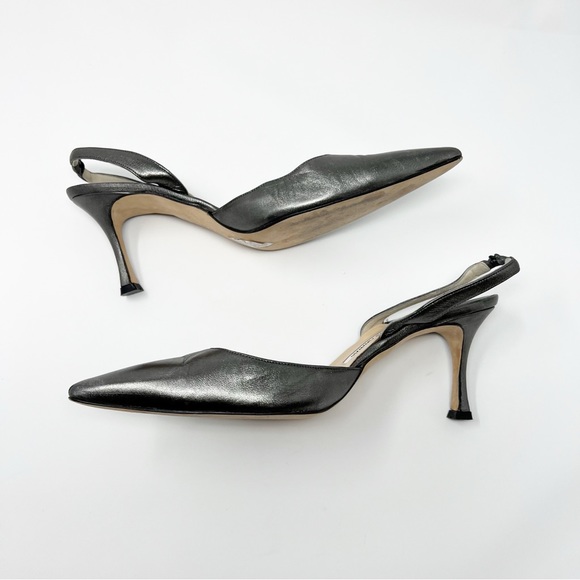 Manolo Blahnik Carolyne 70mm Silver Leather Slingback Pumps  Heels Size 39 - Picture 7 of 12